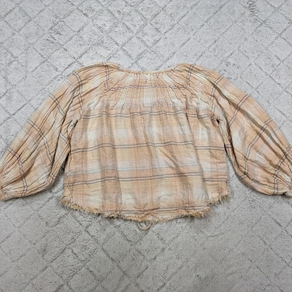 Free People Shirt Women's S Beige Plaid Cloudbreaker Oversized Boho Top Lace Up